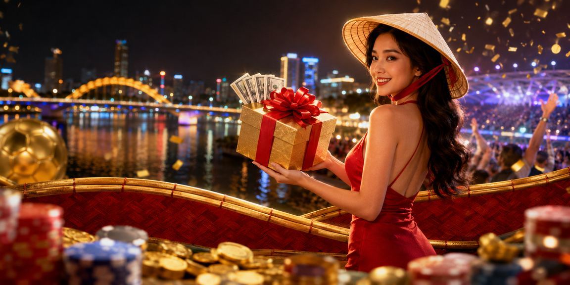 Người phụ nữ đội nón lá nhận cashback và bonus tại khu vực biển Đà Nẵng