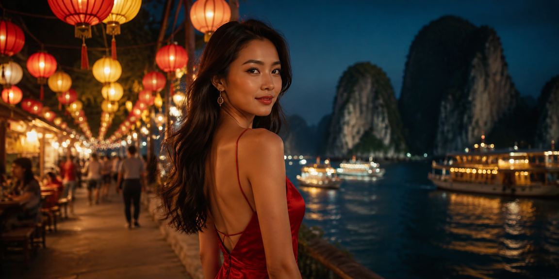 Người dùng tại chợ đêm Hạ Long xem ưu đãi cá cược thể thao cuối tuần trên điện thoại